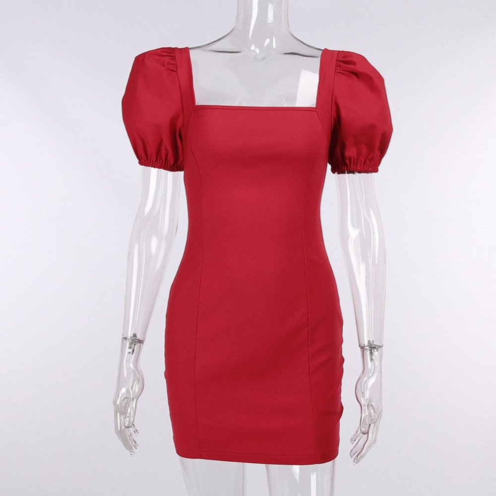 RED RUFFLE MINI PUFF SLEEVE DRESS - Picture 3 of 8